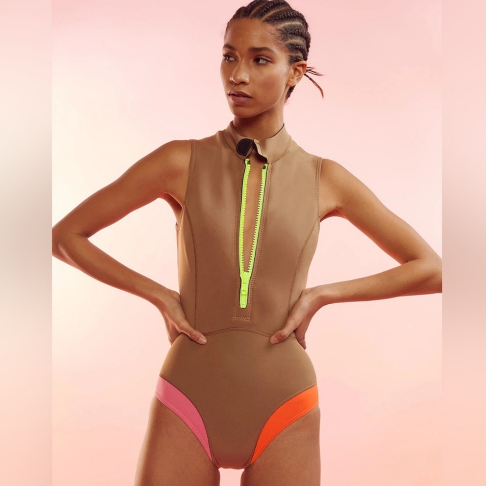 Cynthia Rowley Brown and Neon Zip-Up Wetsuit
